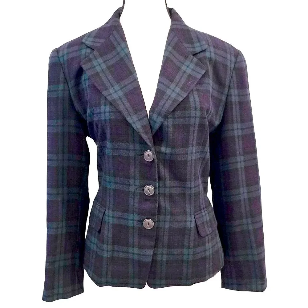 Vintage 90s Linda Allard Ellen Tracy Tartan Knit Wool Blazer Size 10 Korea